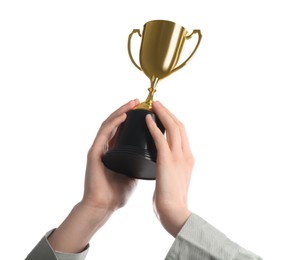 Photo of Woman holding golden trophy on white background, closeup