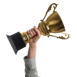 Photo of Woman holding golden trophy on white background, closeup