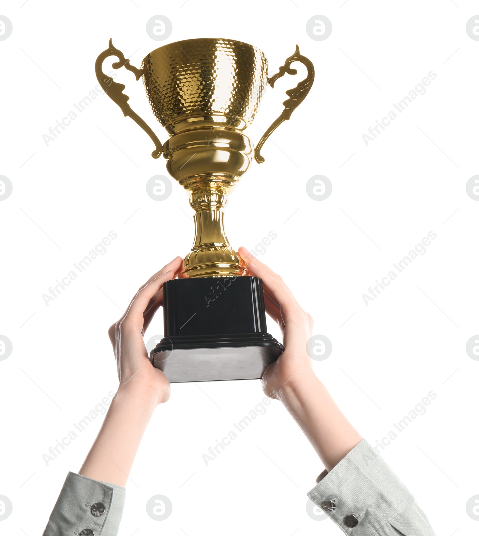 Photo of Woman holding golden trophy on white background, closeup