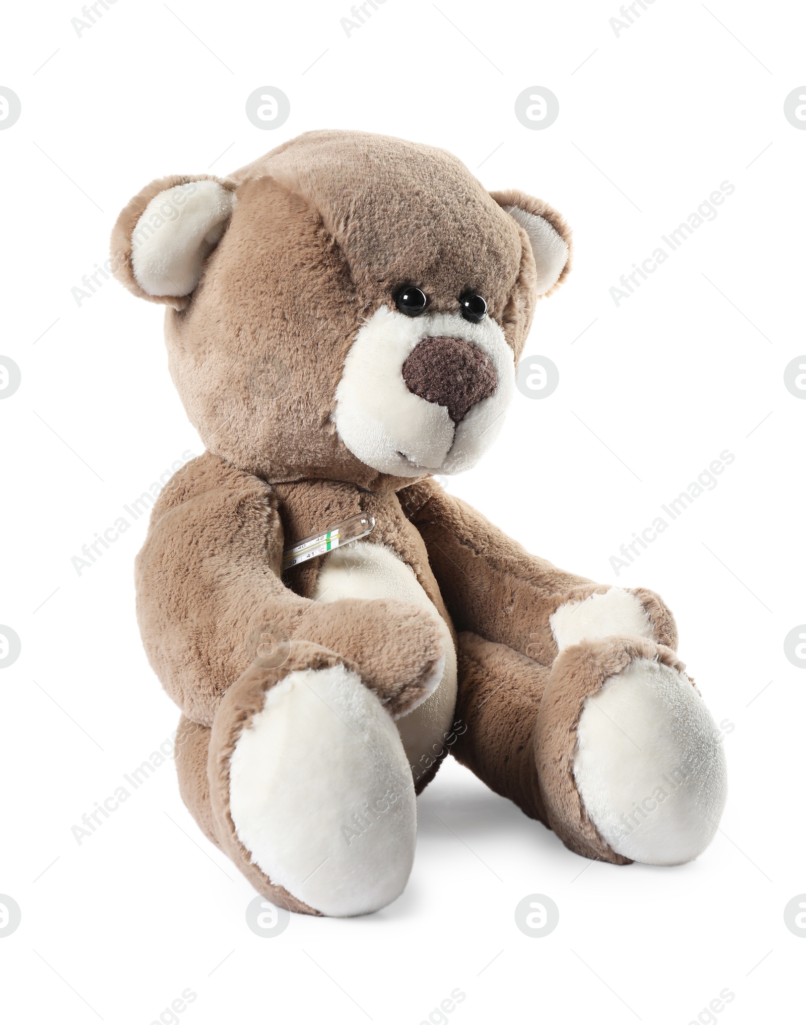 Photo of Cute teddy bear with thermometer isolated on white