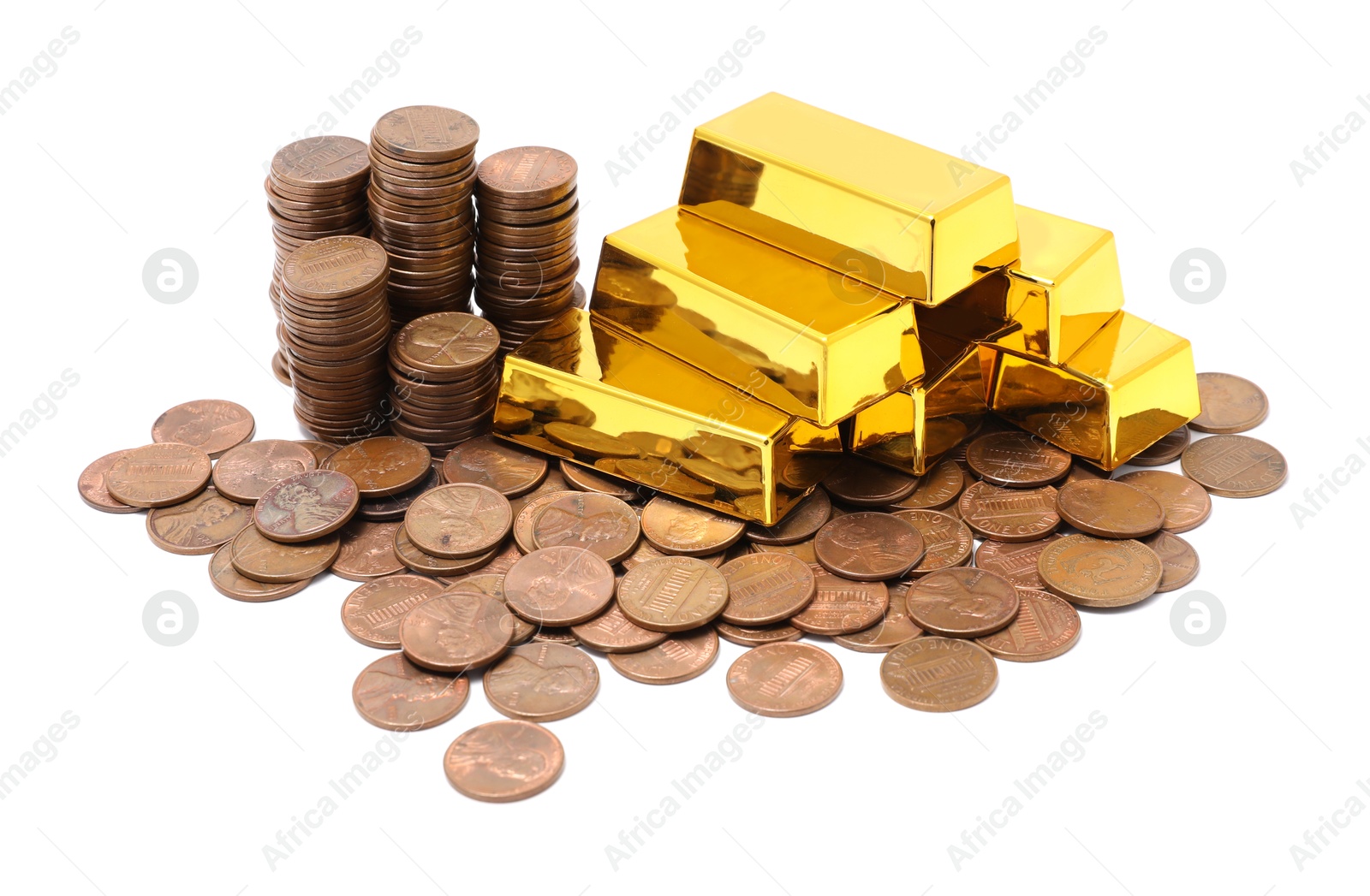 Photo of Gold bars and coins isolated on white