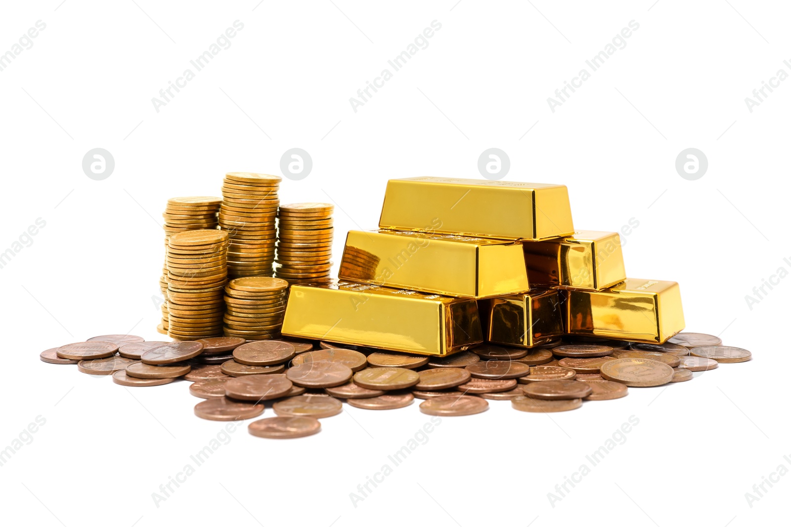 Photo of Gold bars and coins isolated on white