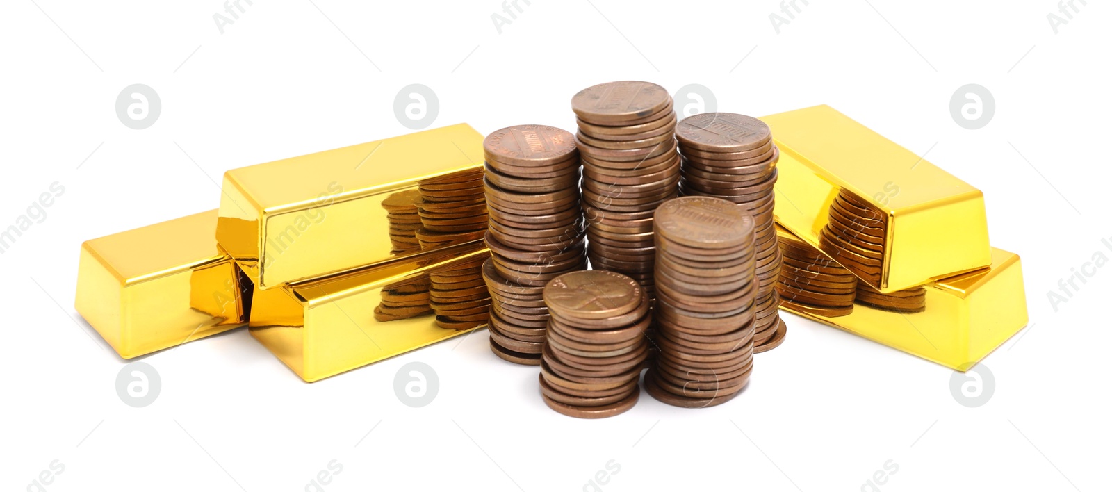 Photo of Gold bars and coins isolated on white