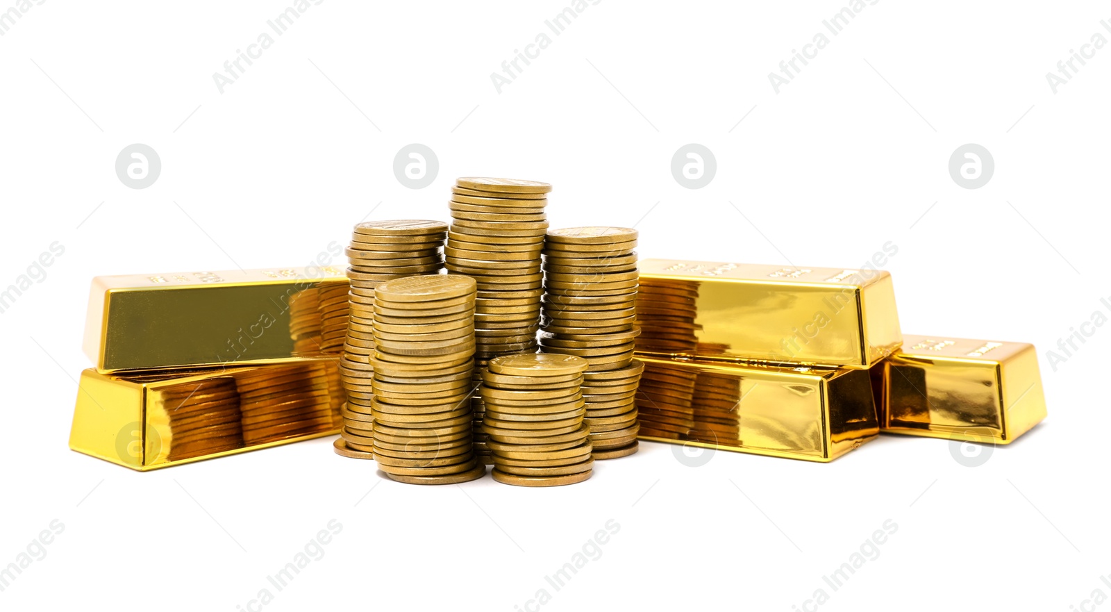 Photo of Gold bars and coins isolated on white