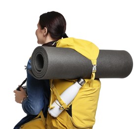 Photo of Young tourist with backpack on white background, back view