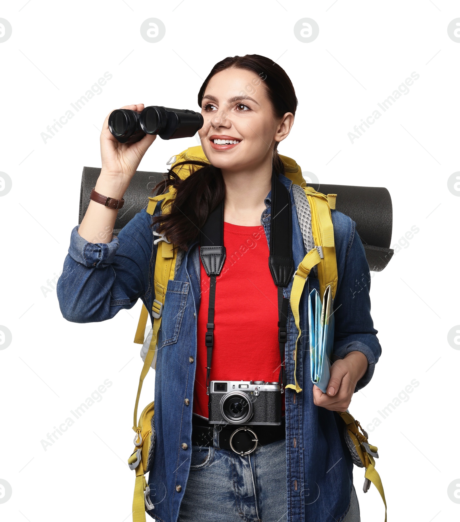 Photo of Young tourist with backpack, binoculars and camera on white background