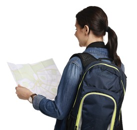 Young tourist with backpack and map on white background, back view