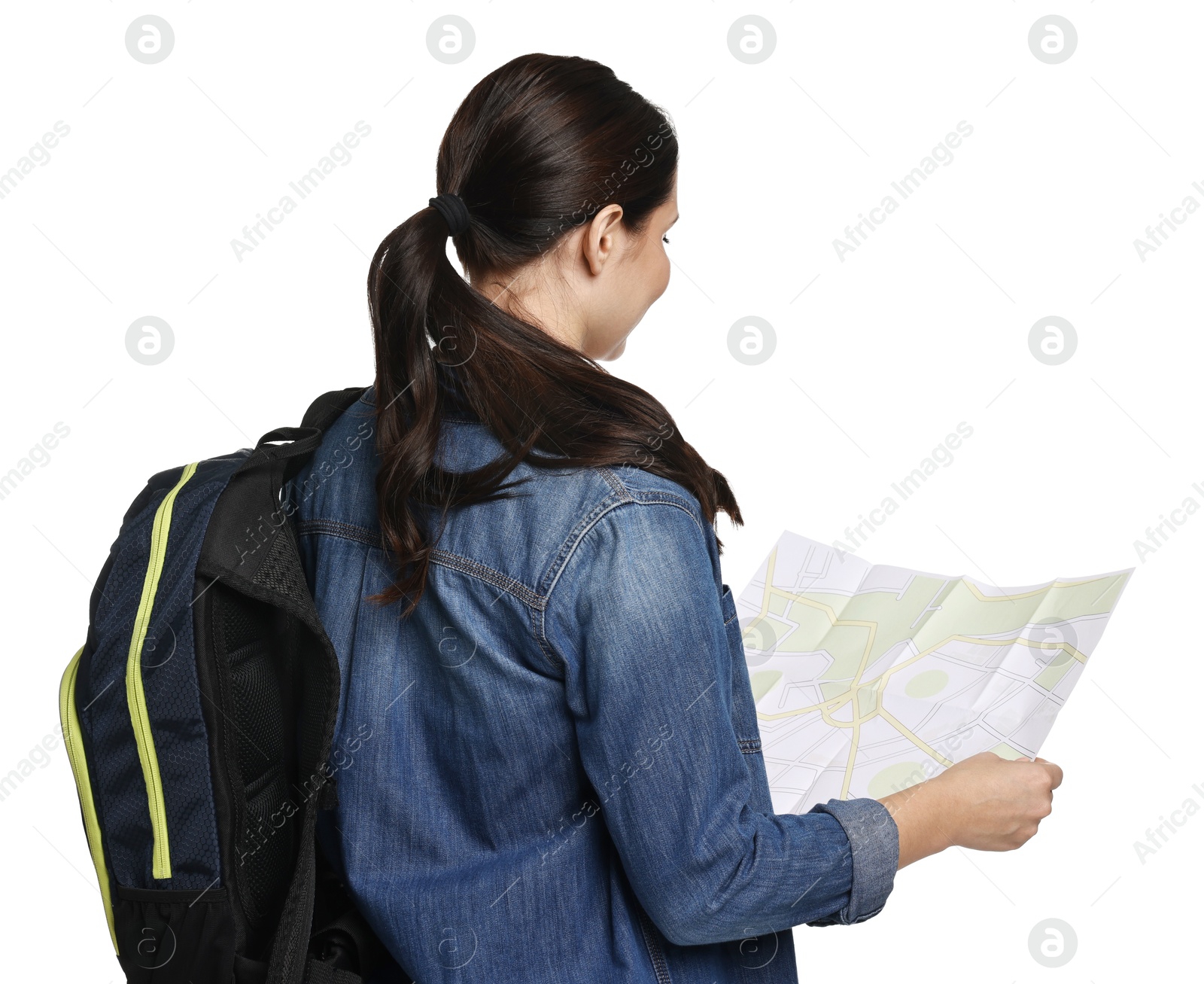 Photo of Young tourist with backpack and map on white background, back view