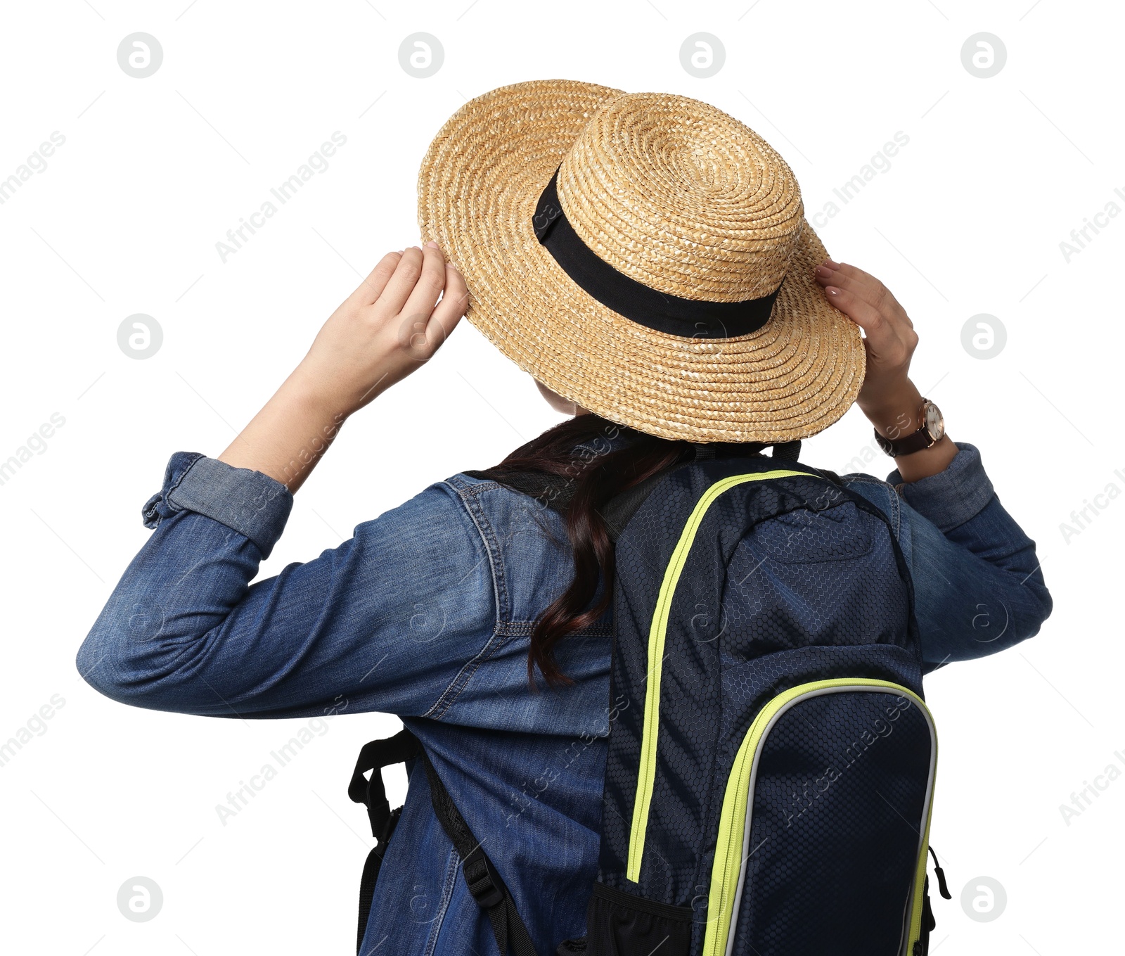 Photo of Young tourist in hat with backpack on white background, back view