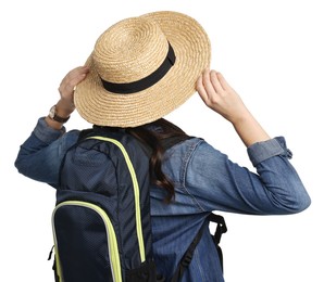 Photo of Young tourist in hat with backpack on white background, back view