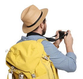 Photo of Tourist in hat with camera and backpack on white background, back view