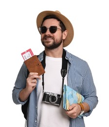 Photo of Happy tourist in hat with camera, passport and ticket on white background