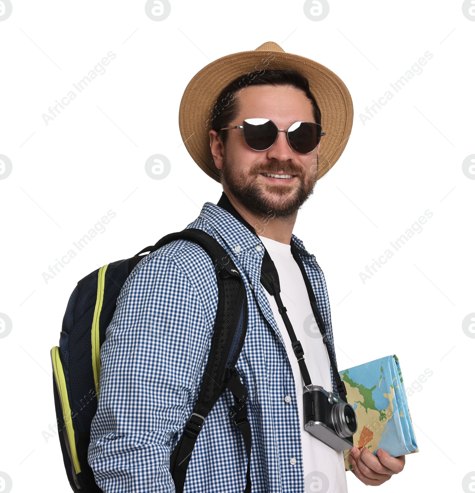 Photo of Happy tourist in hat with camera, backpack and map on white background