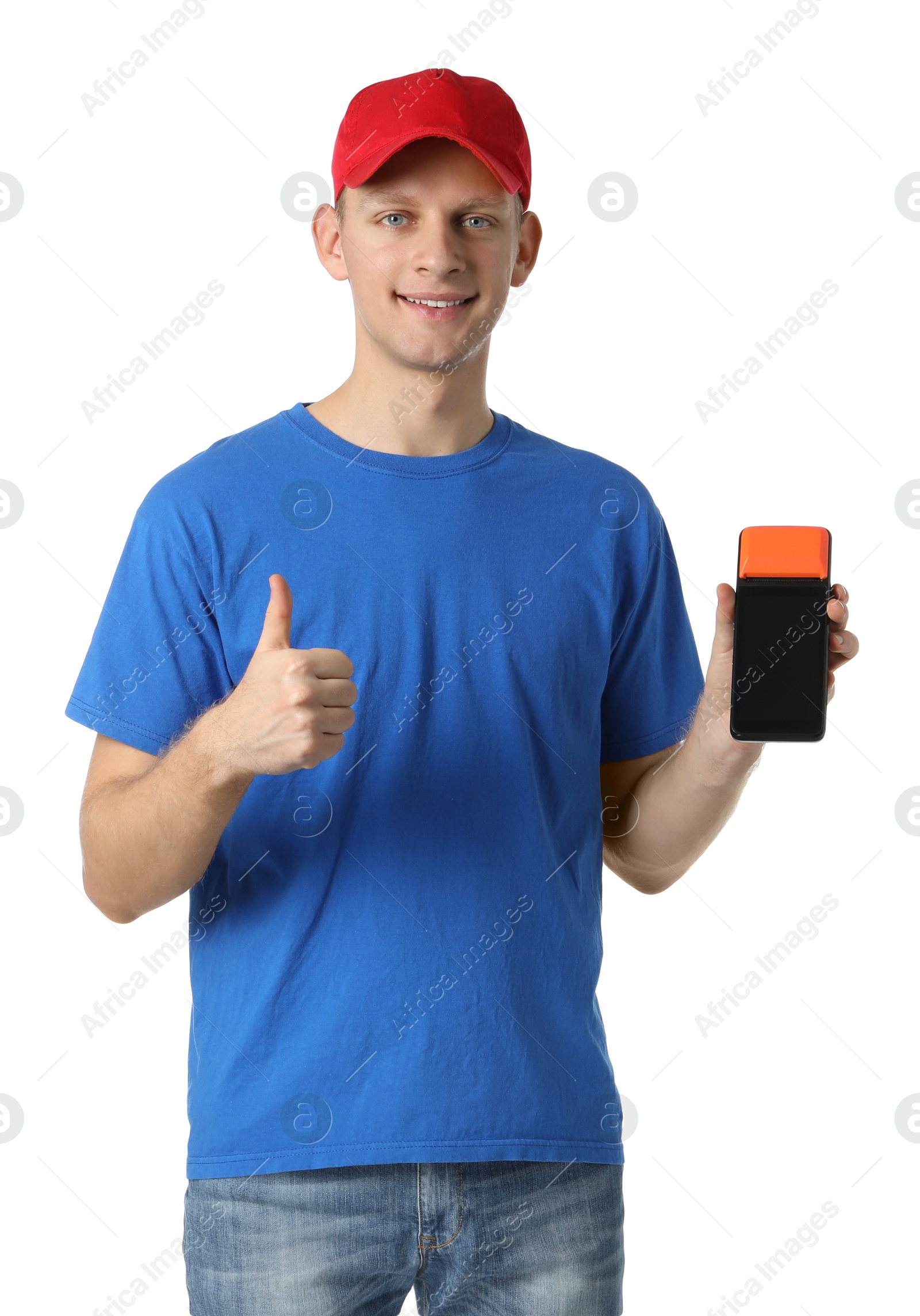 Photo of Happy courier with payment terminal showing thumbs up on white background