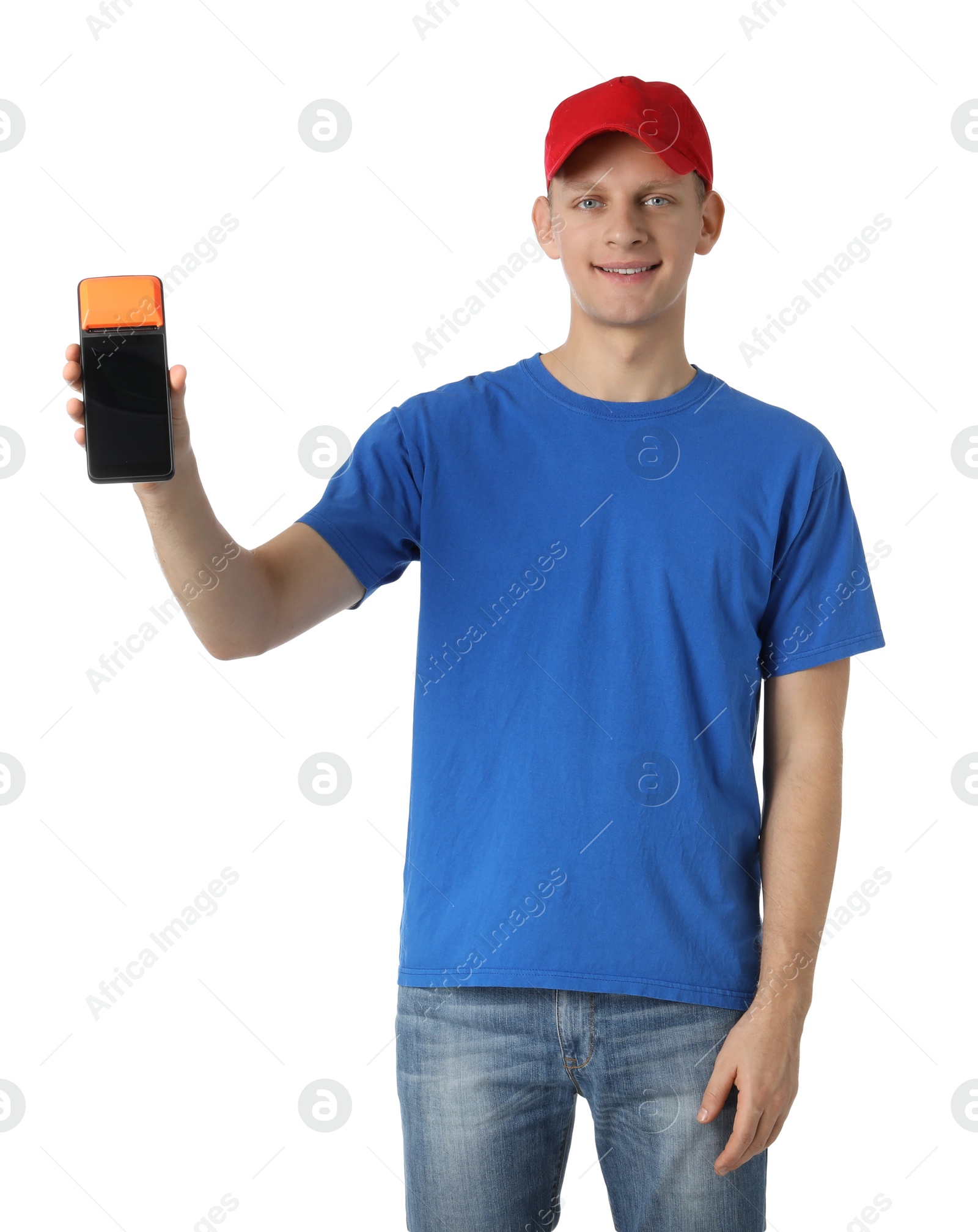 Photo of Happy courier with payment terminal on white background