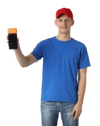 Happy courier with payment terminal on white background