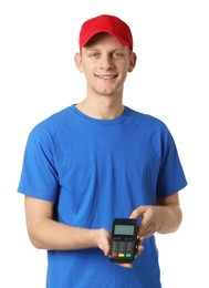 Happy courier with payment terminal on white background