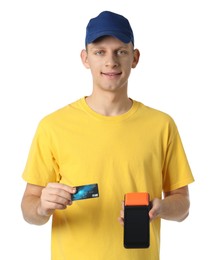 Photo of Happy courier with payment terminal and debit card on white background