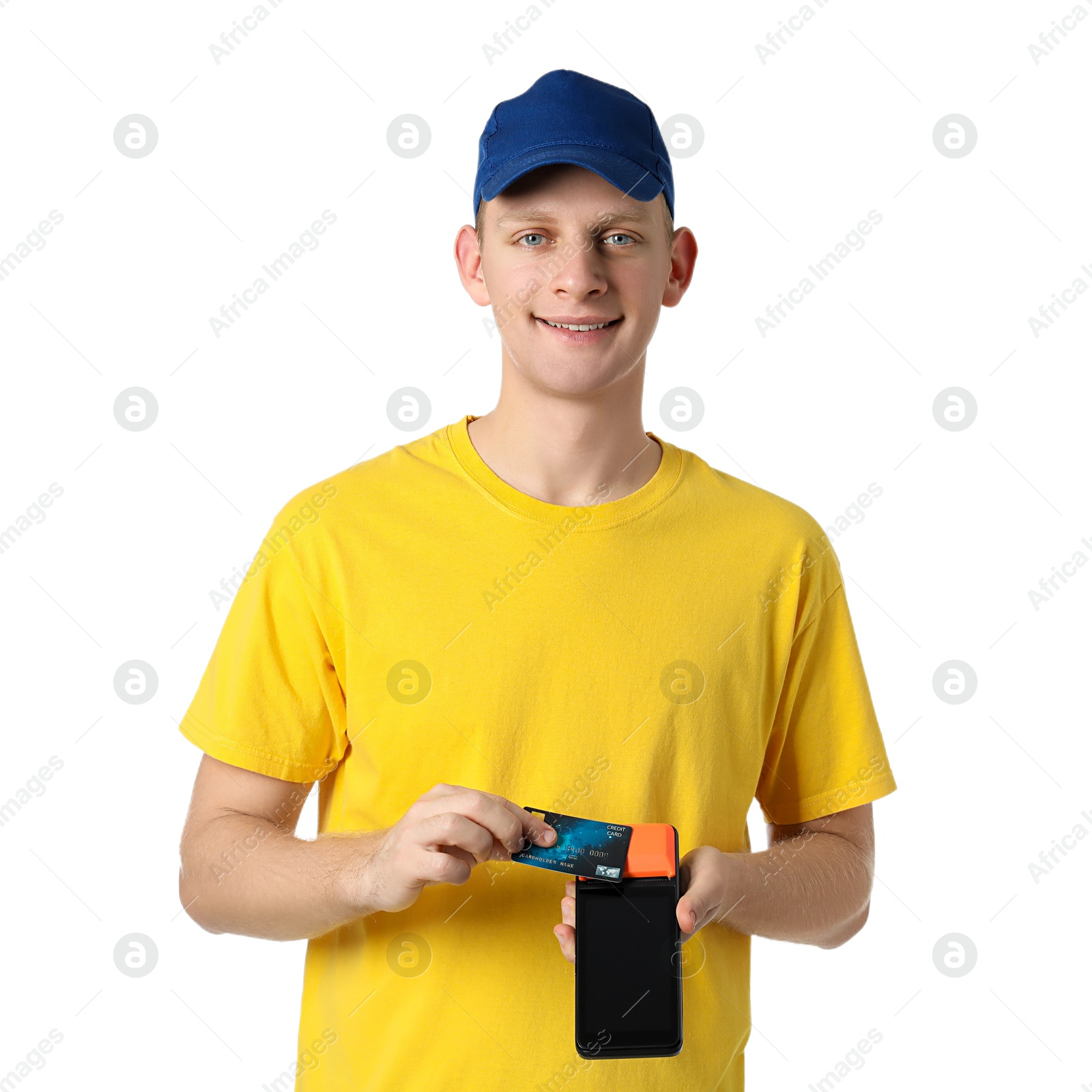 Photo of Happy courier with payment terminal and debit card on white background