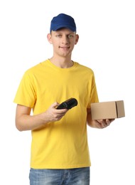 Happy courier with payment terminal and parcel on white background