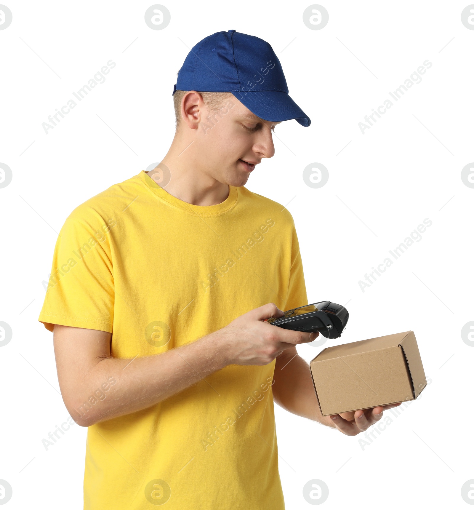 Photo of Courier with payment terminal and parcel on white background