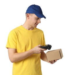 Courier with payment terminal and parcel on white background