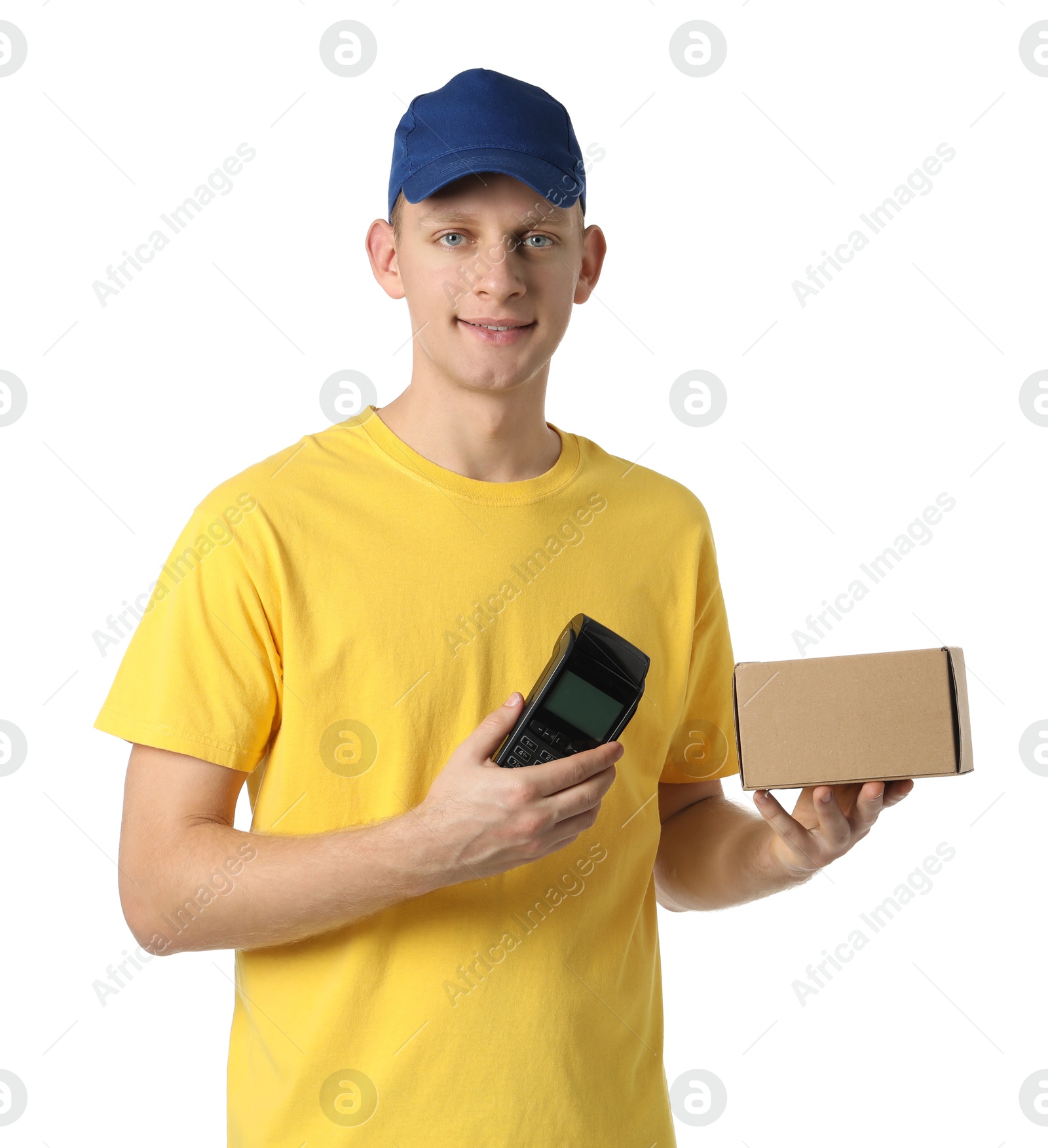 Photo of Happy courier with payment terminal and parcel on white background