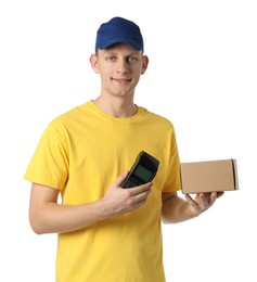 Happy courier with payment terminal and parcel on white background