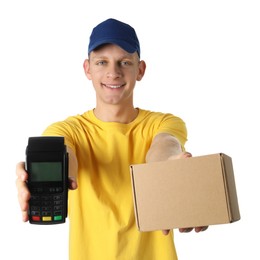 Happy courier with payment terminal and parcel on white background