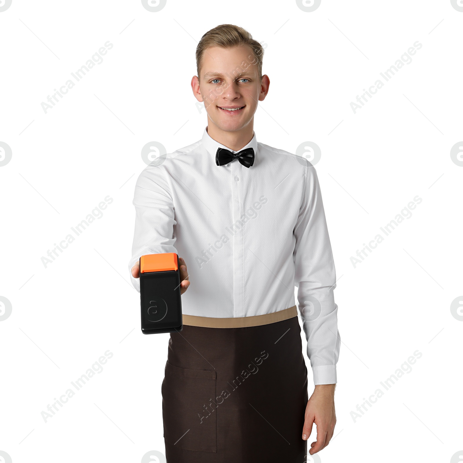 Photo of Happy waiter with payment terminal on white background