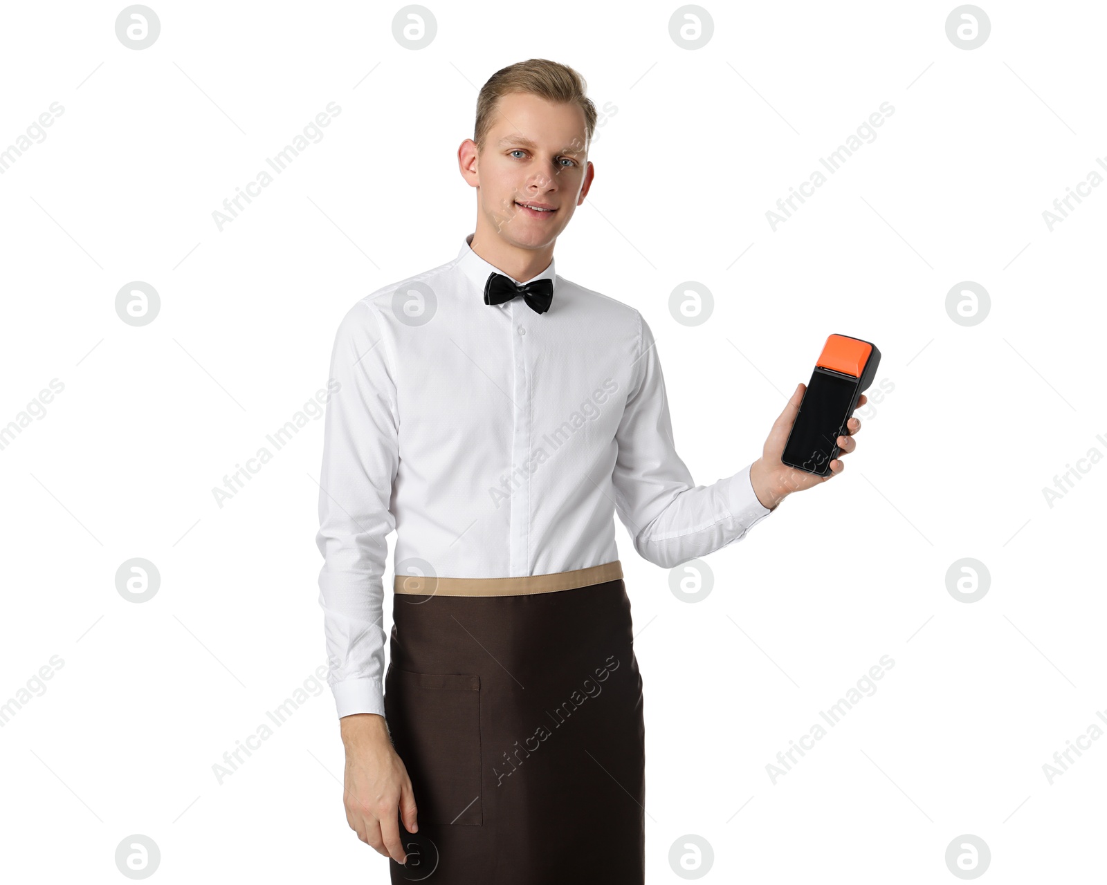 Photo of Happy waiter with payment terminal on white background