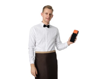 Photo of Happy waiter with payment terminal on white background