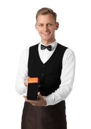 Happy waiter with payment terminal on white background