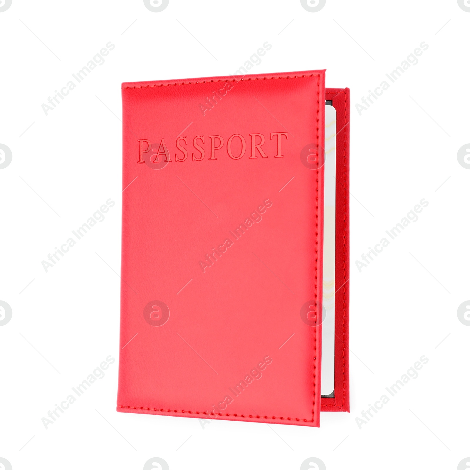 Photo of Passport in bright cover isolated on white, top view