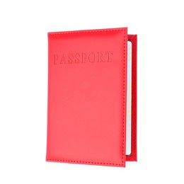 Photo of Passport in bright cover isolated on white, top view