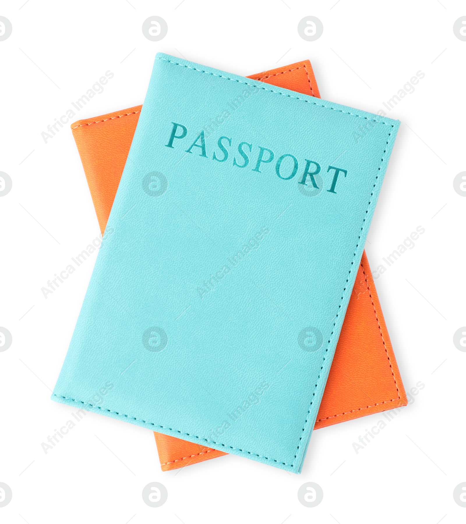 Photo of Passports in bright covers isolated on white, top view