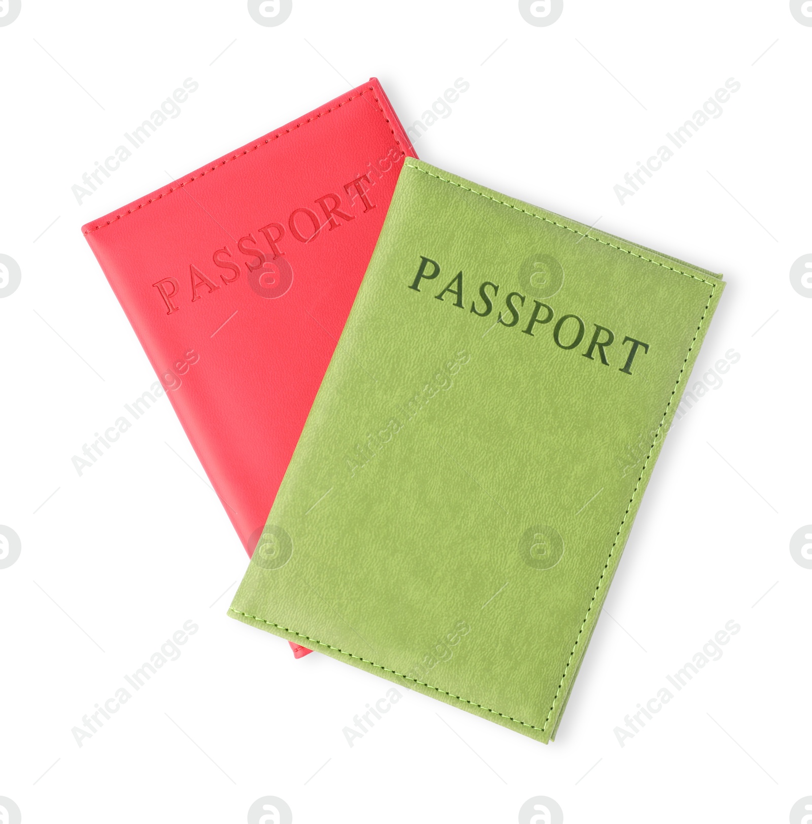 Photo of Passports in bright covers isolated on white, top view