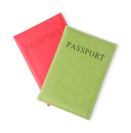 Photo of Passports in bright covers isolated on white, top view