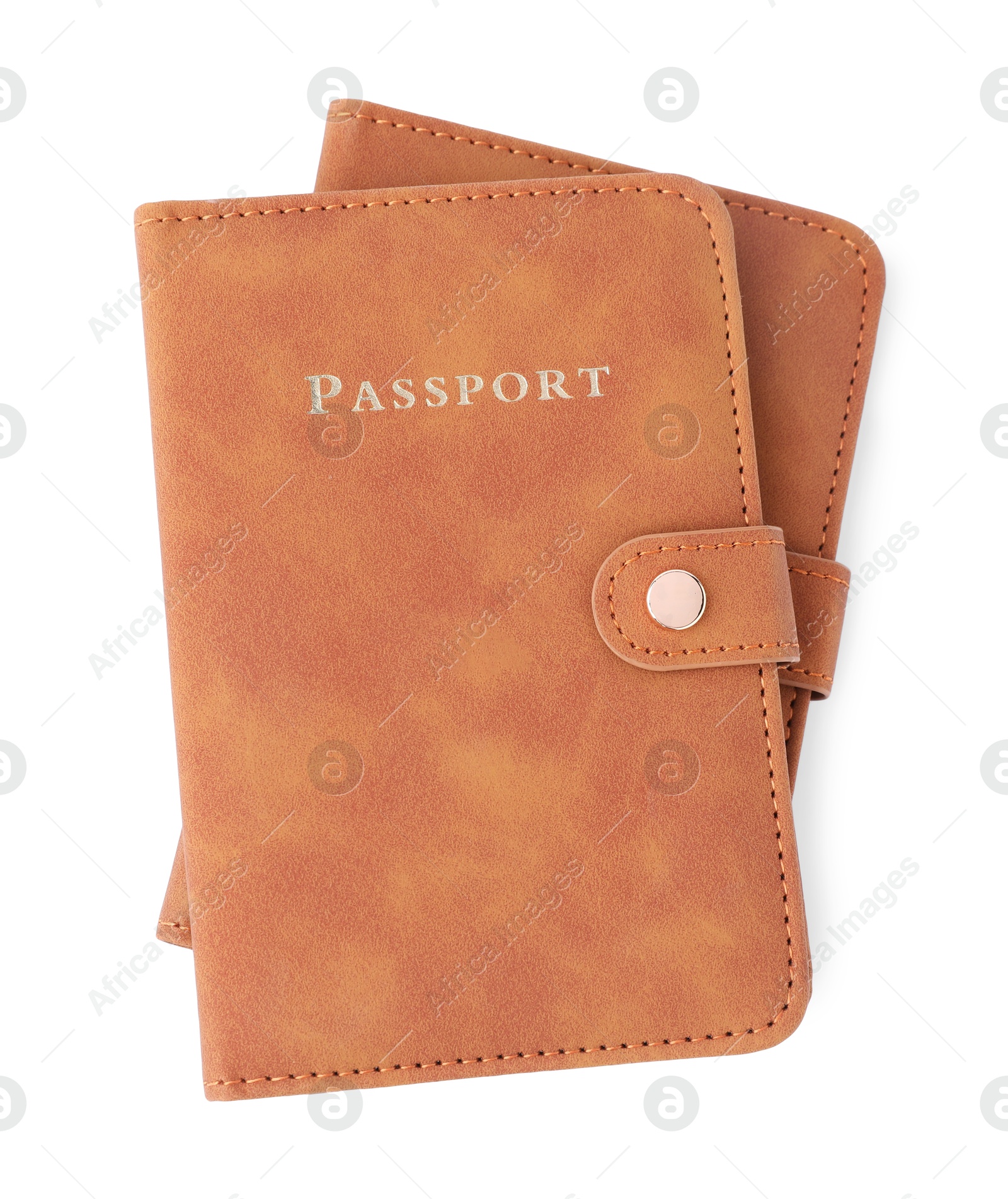 Photo of Passports in bright covers isolated on white, top view