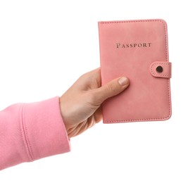 Photo of Woman holding passport in bright cover on white background, closeup