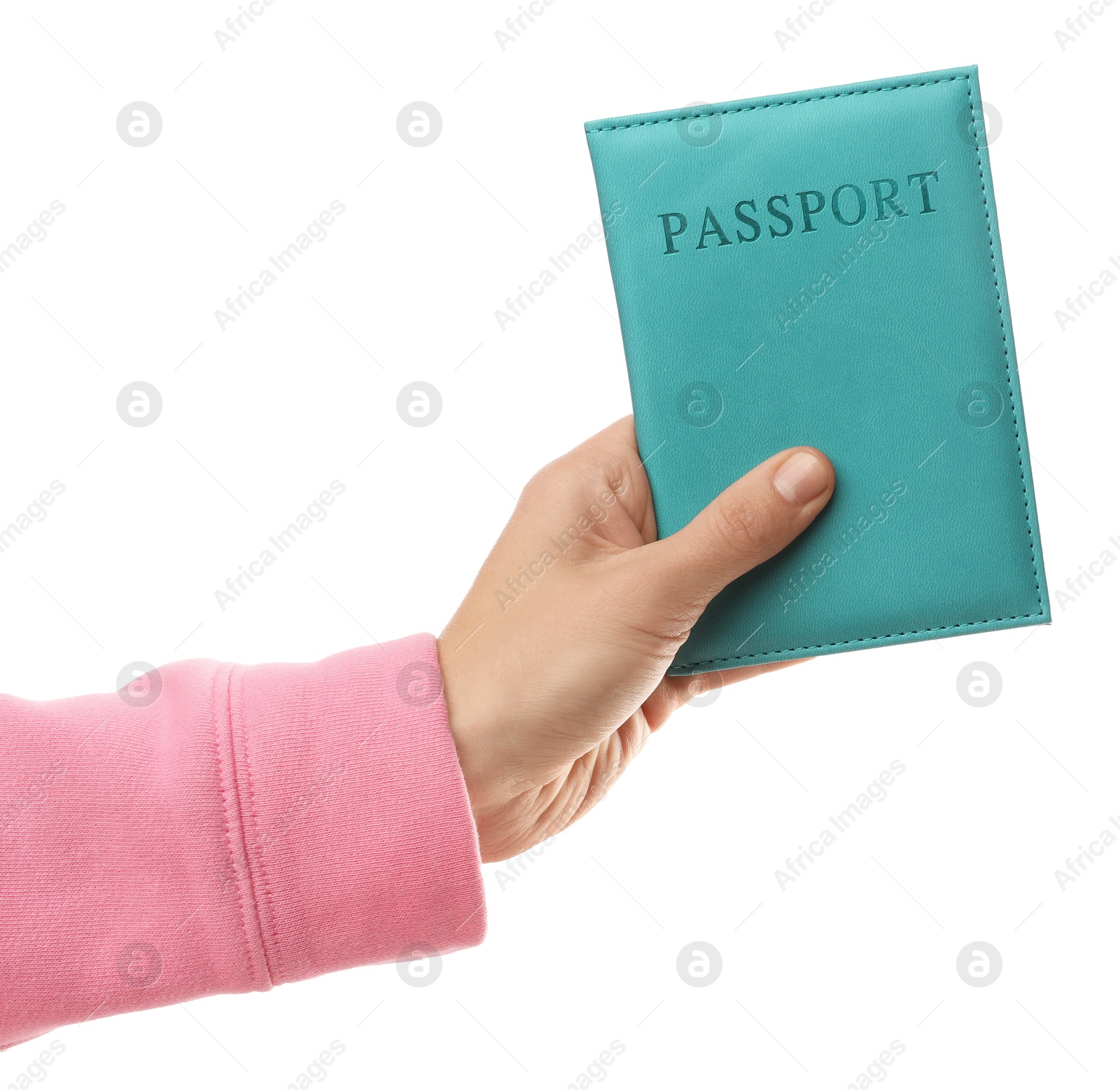 Photo of Woman holding passport in bright cover on white background, closeup