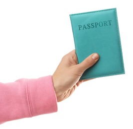 Photo of Woman holding passport in bright cover on white background, closeup