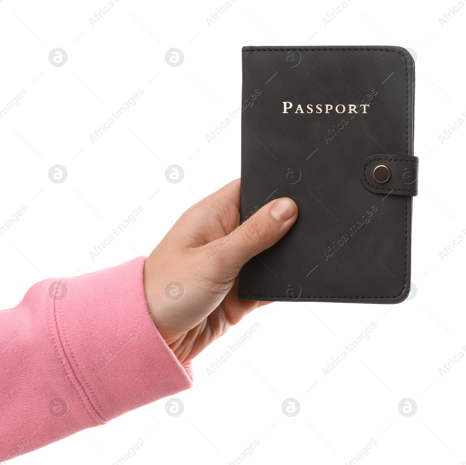 Photo of Woman holding passport in bright cover on white background, closeup