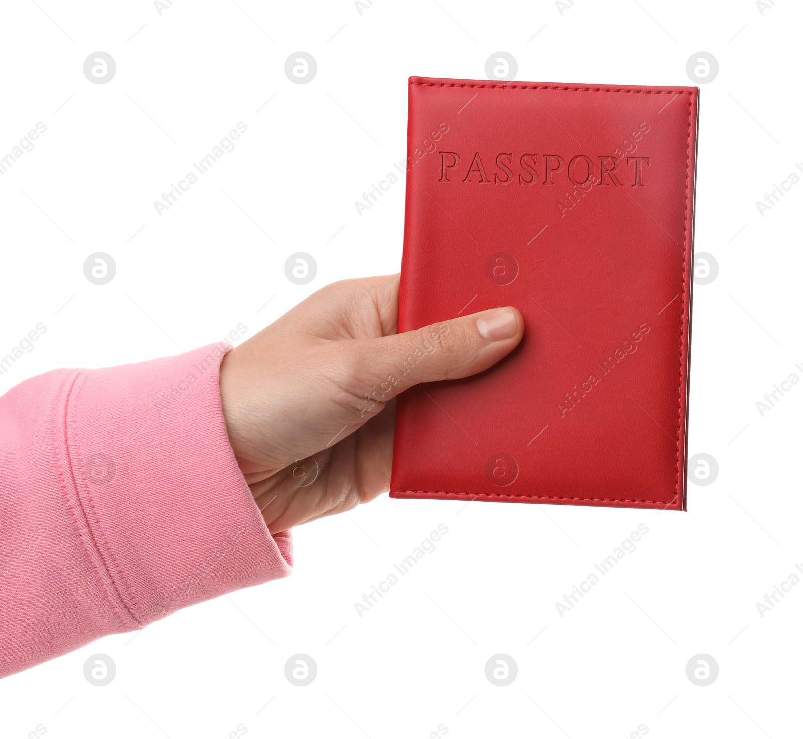 Photo of Woman holding passport in bright cover on white background, closeup