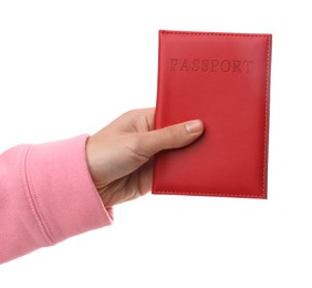 Photo of Woman holding passport in bright cover on white background, closeup