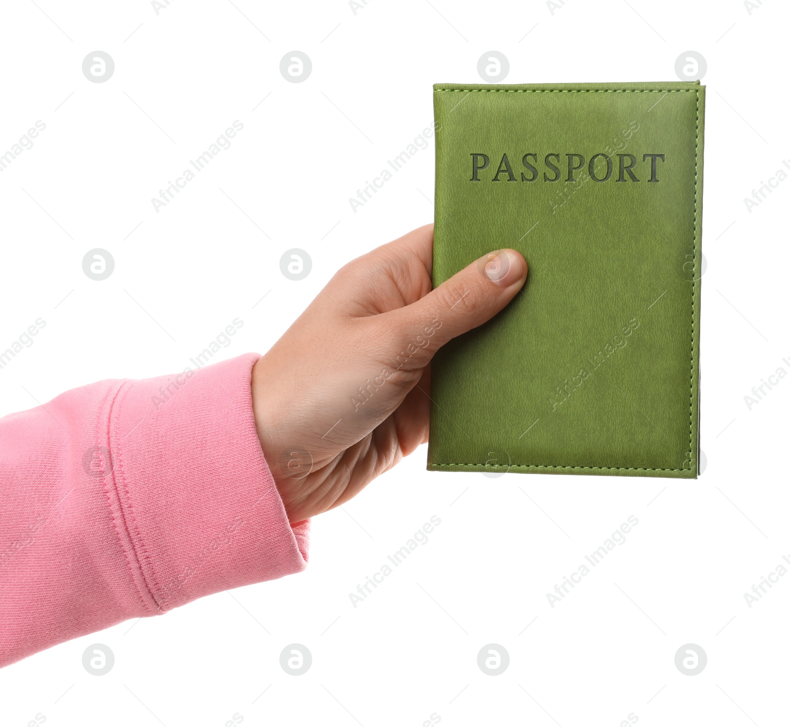 Photo of Woman holding passport in bright cover on white background, closeup