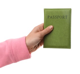 Photo of Woman holding passport in bright cover on white background, closeup