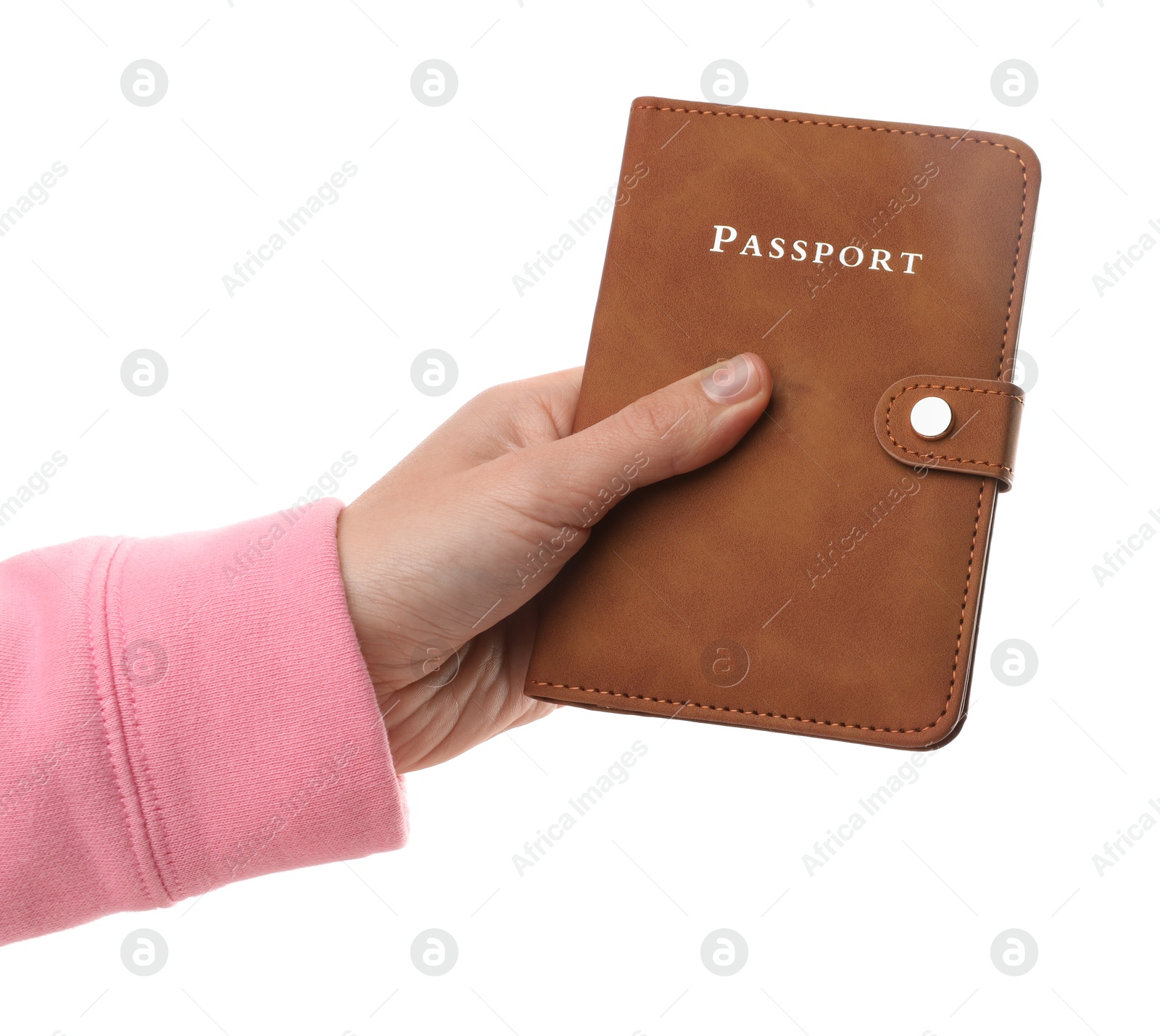 Photo of Woman holding passport in bright cover on white background, closeup