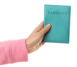 Photo of Woman holding passport in bright cover on white background, closeup