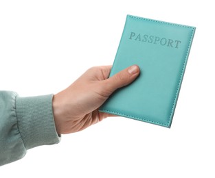 Photo of Woman holding passport in bright cover on white background, closeup